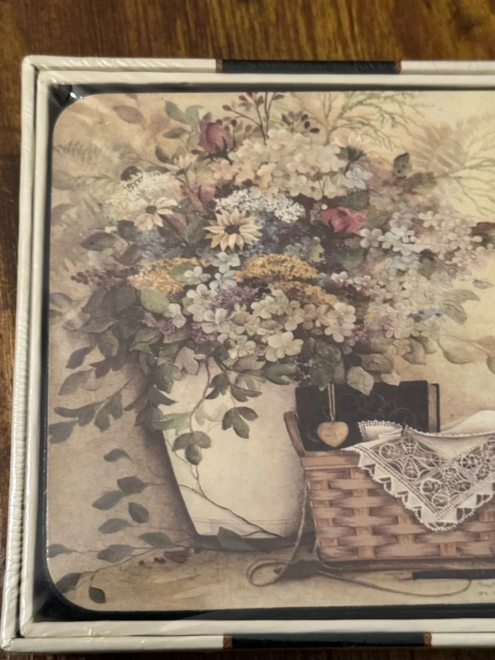 Pat Richter Floral Coaster Set‎ Of 6 Cottage Farmhouse Basket New In Box Cork